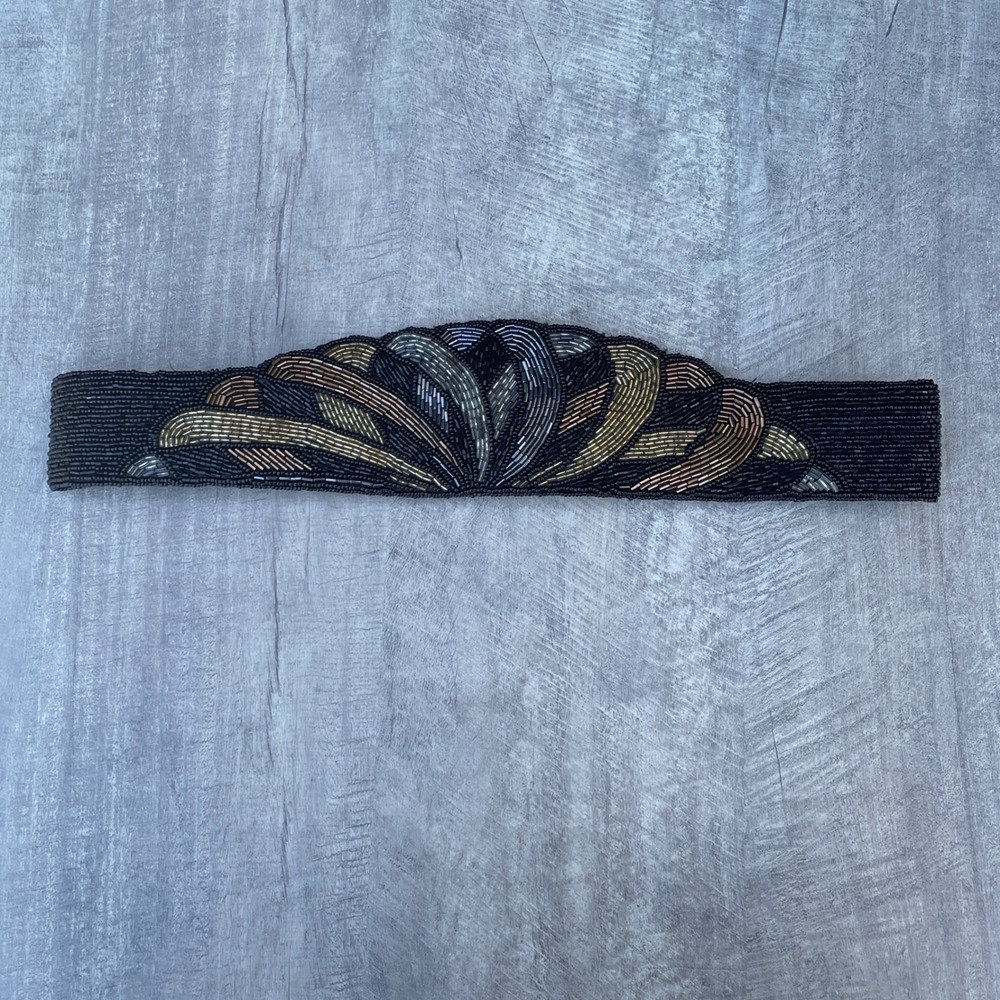 Vintage Art‎ Deco Beaded Waist Belt Black Gold Silver Fan Design Hand Beaded